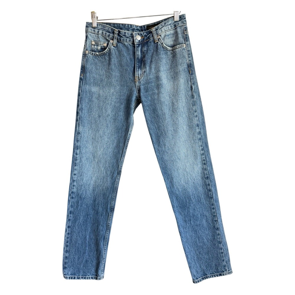 Zara Mid Rise Straight Leg Jeans Blue Denim Classic Minimalist Vintage Wash Sz 4